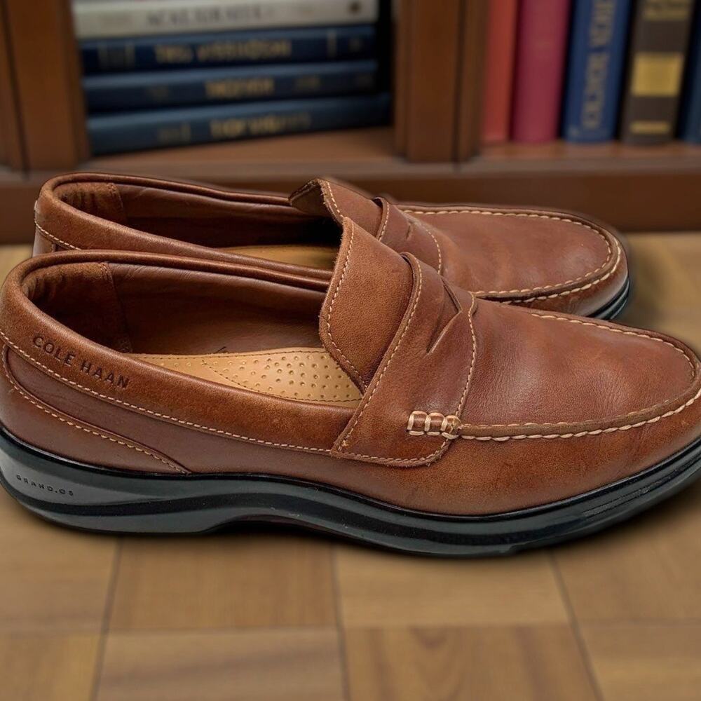 Men's Size 9.5 COLE HAAN GRAND OS Pinch Brown Leather Penny Loafers VGUC